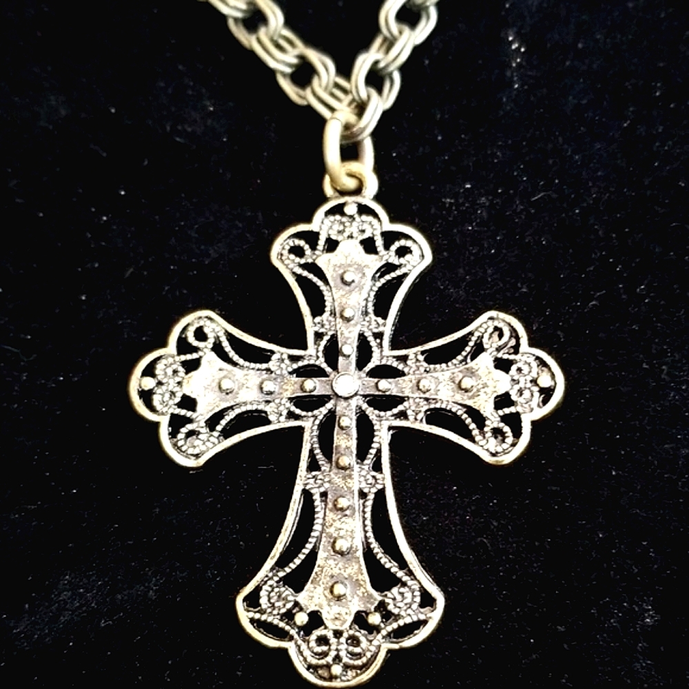 Rustic Cross Pendant Necklace Antique Goldtone Hand Crafted - Picture 4 of 10